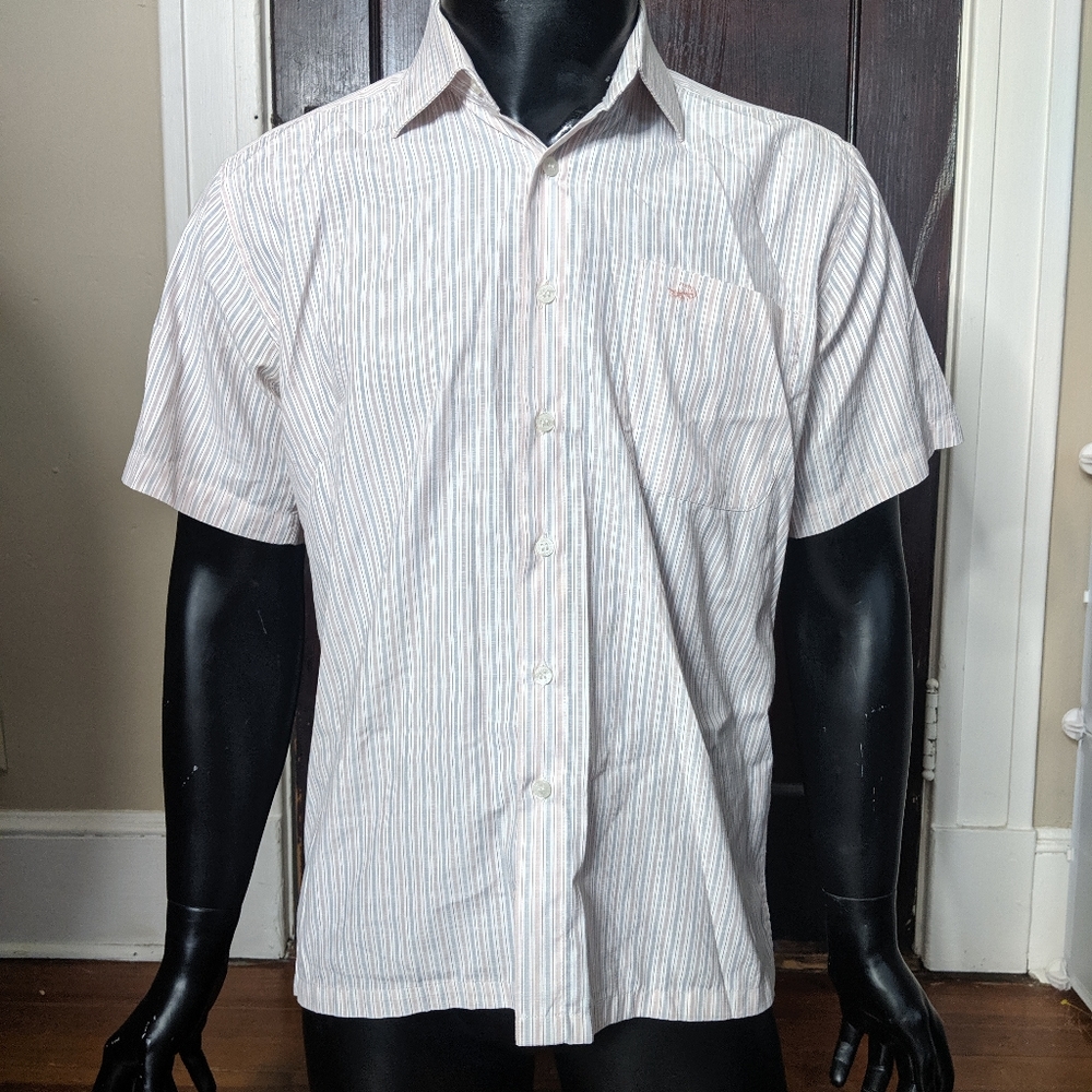 Crocodile Garments pink striped logo shirt